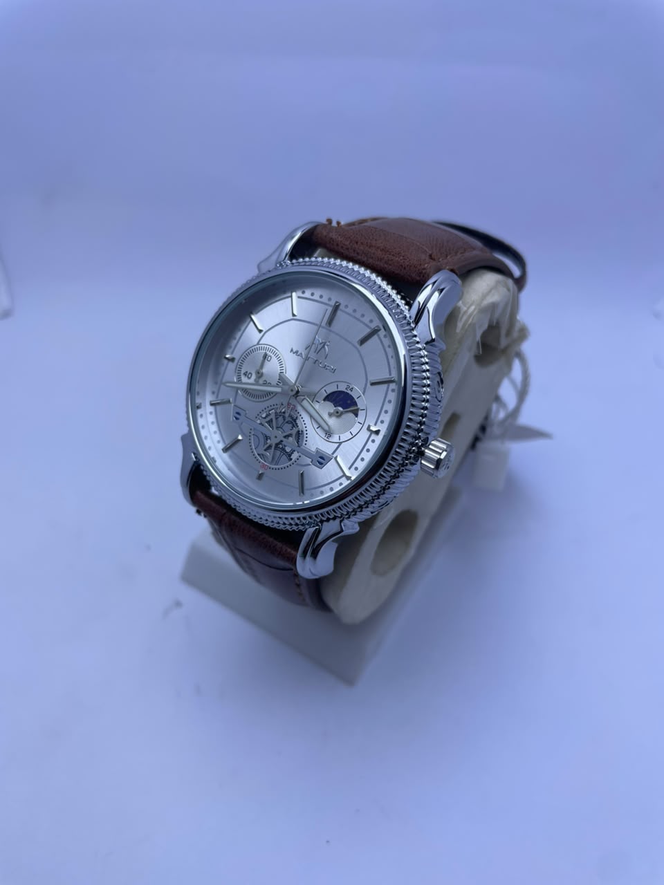 Matturi Men's Luxury Analog Watch – Silver Dial, Brown Leather Strap & Silver Stainless Steel Case