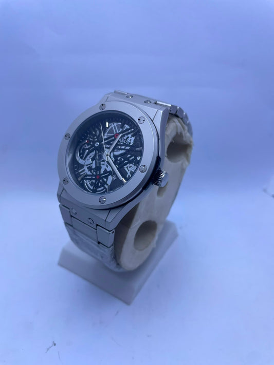 Hublot Style Automatic Skeleton Men's Watch – Silver Stainless Steel Strap | Luxury Self-Winding Mechanical Wrist Watch