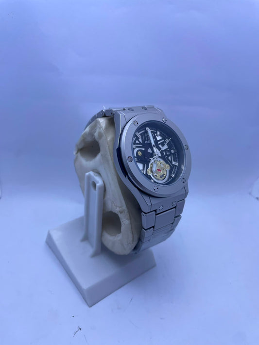 Hublot Style Automatic Skeleton Dial Men's Watch – Silver Stainless Steel Strap | Luxury Mechanical Wrist Watch