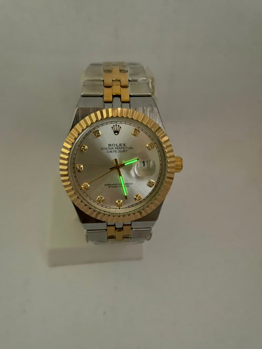 Rolex Style Datejust Automatic Men's Watch – Silver & Gold Stainless Steel Strap | Luxury Self-Winding Analog Watch with Luminous Night Vision