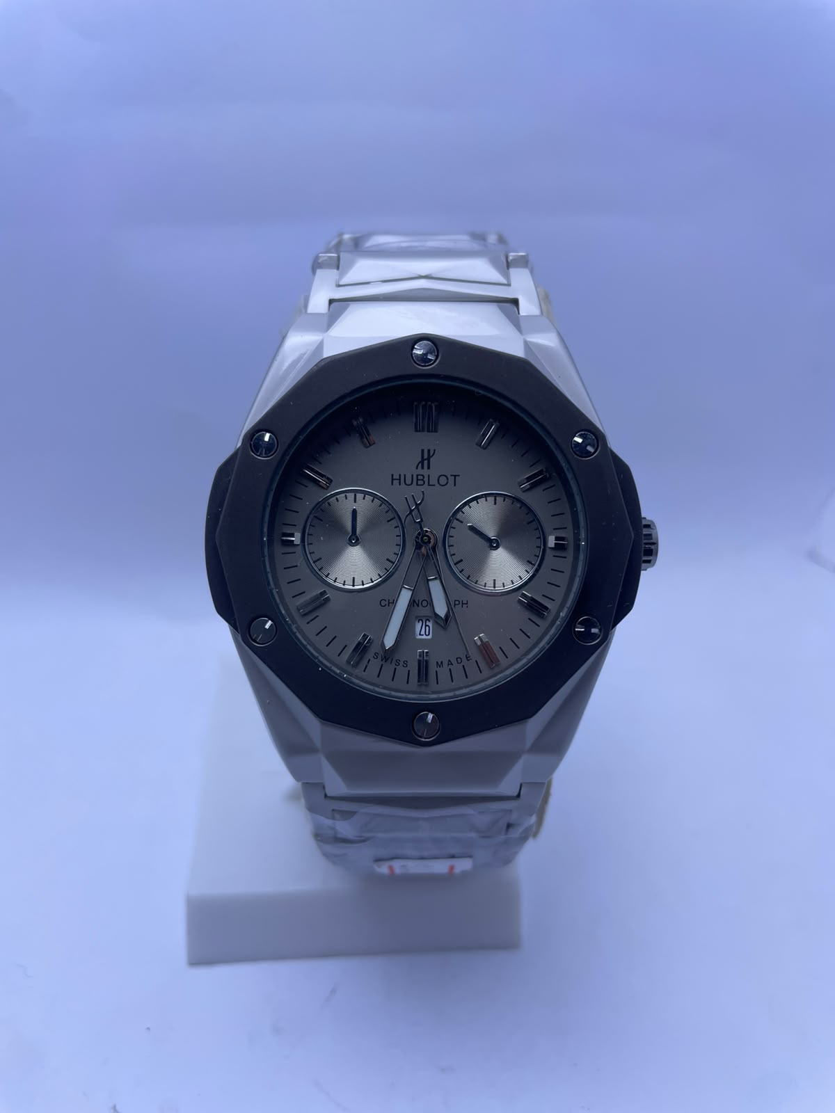 Hublot Style Chronograph Men's Watch – White Dial, Silver Stainless Steel Strap | Luxury Analog Wrist Watch with Luminous Night Vision