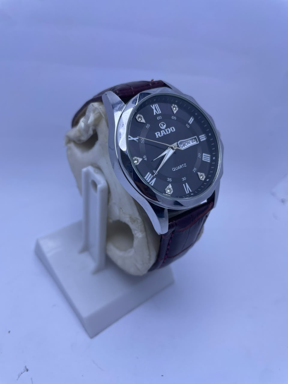 RADO Men's Quartz Analog Watch – Black Dial, Black Leather Strap with Day & Date Display