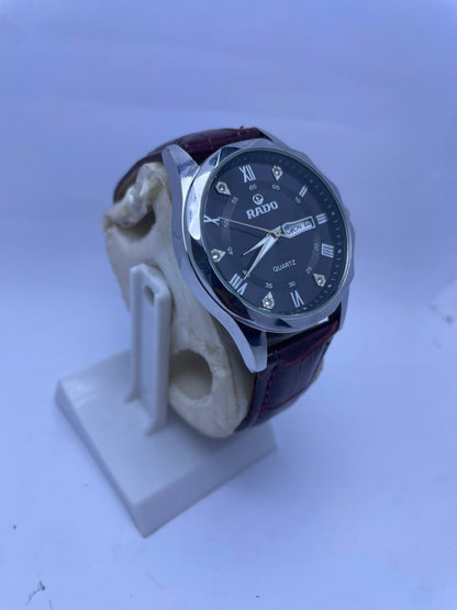 RADO Men's Quartz Analog Watch – Black Dial, Black Leather Strap with Day & Date Display
