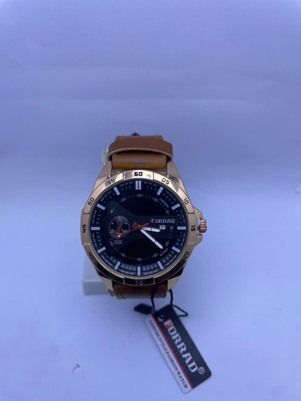 Forrad Men's Premium Analog Watch – Black Dial, Brown Leather Strap & Rose Gold Case