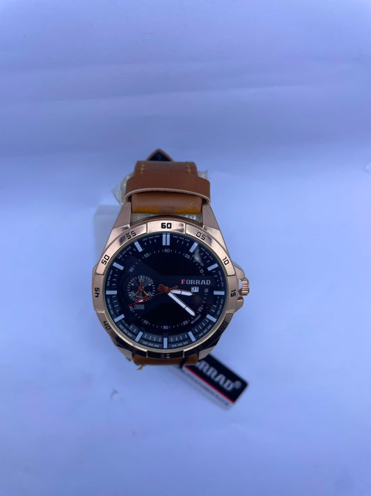 Forrad Men's Premium Analog Watch – Black Dial, Brown Leather Strap & Rose Gold Case