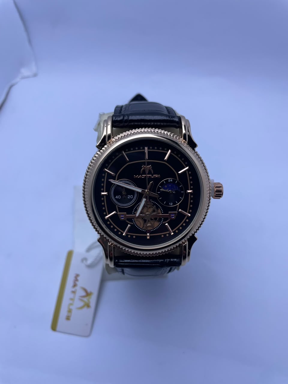 Matturi Men's Premium Analog Watch – Black Dial, Black Leather Strap & Rose Gold Stainless Bazel