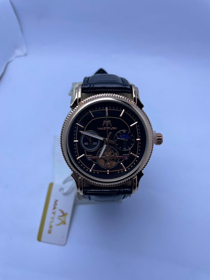 Matturi Men's Premium Analog Watch – Black Dial, Black Leather Strap & Rose Gold Stainless Bazel