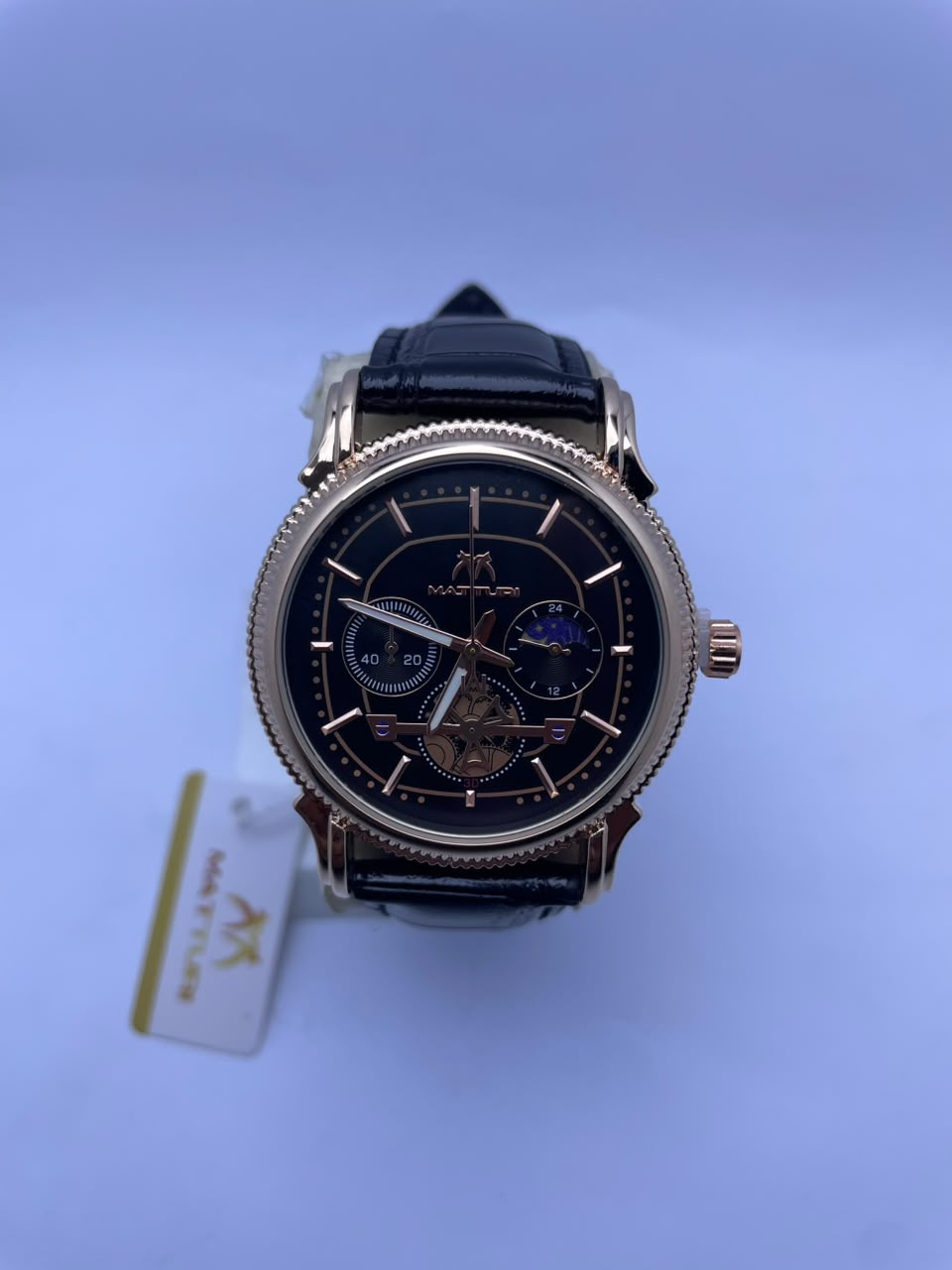 Matturi Men's Premium Analog Watch – Black Dial, Black Leather Strap & Rose Gold Stainless Bazel