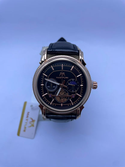 Matturi Men's Premium Analog Watch – Black Dial, Black Leather Strap & Rose Gold Stainless Bazel