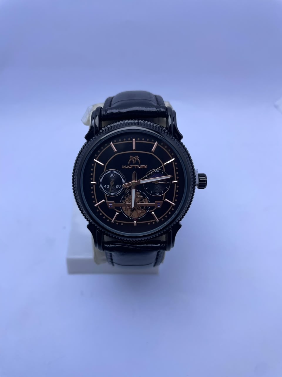 MATTURI Men's Luxury Analog Watch – Black Dial, Black Leather Strap