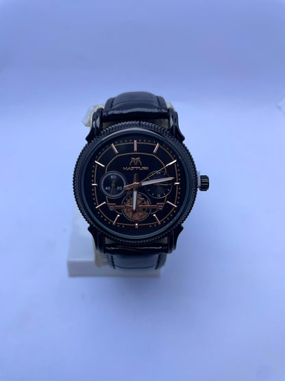 MATTURI Men's Luxury Analog Watch – Black Dial, Black Leather Strap
