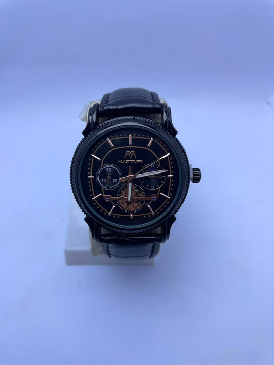 MATTURI Men's Luxury Analog Watch – Black Dial, Black Leather Strap