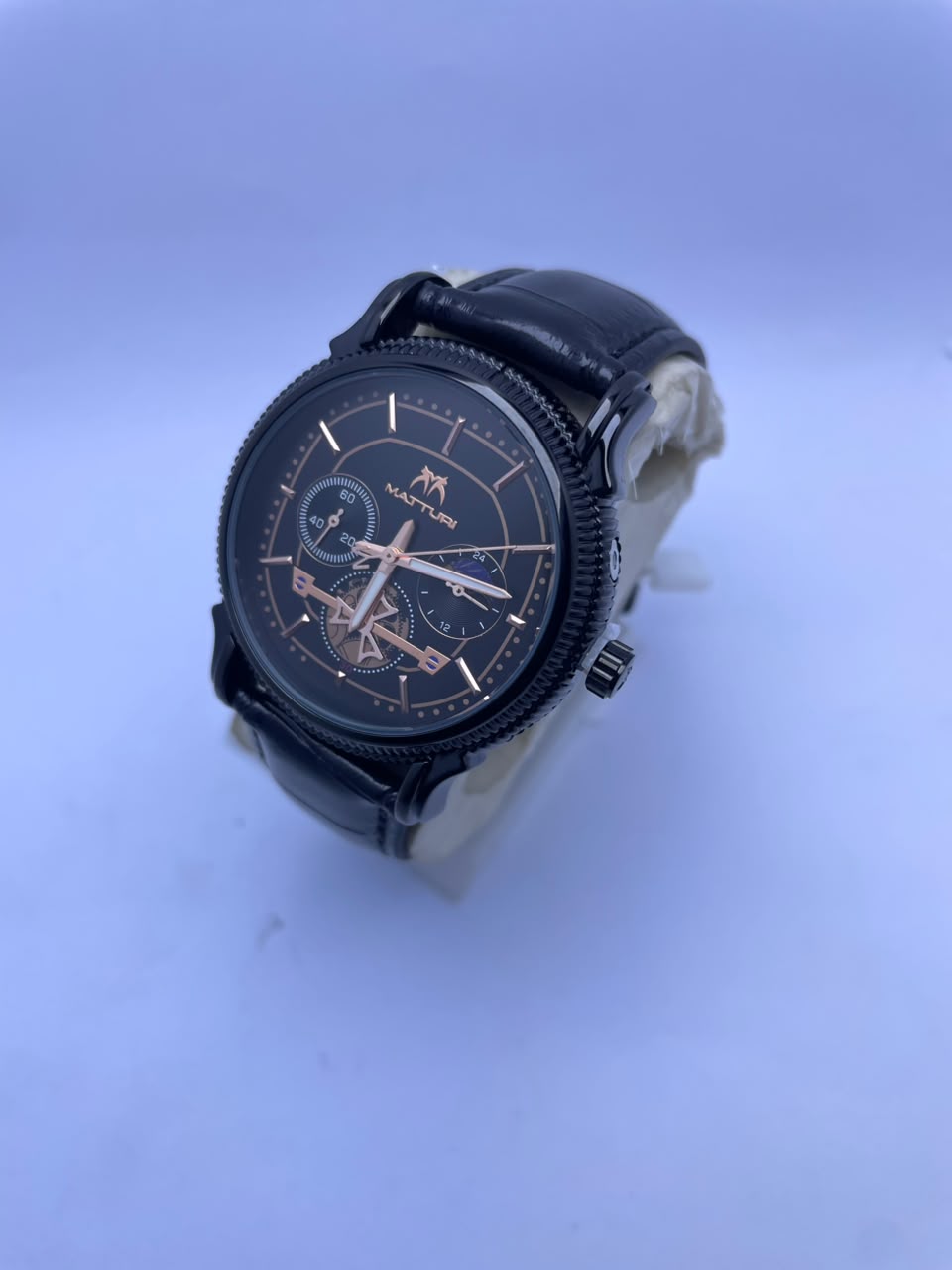 MATTURI Men's Luxury Analog Watch – Black Dial, Black Leather Strap