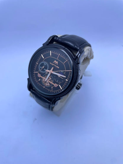 MATTURI Men's Luxury Analog Watch – Black Dial, Black Leather Strap
