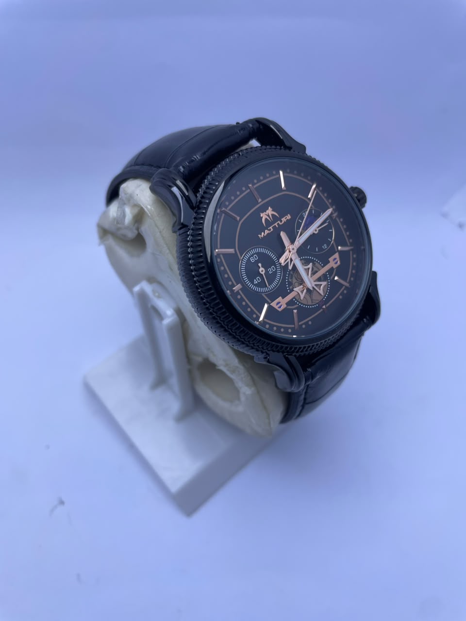 MATTURI Men's Luxury Analog Watch – Black Dial, Black Leather Strap