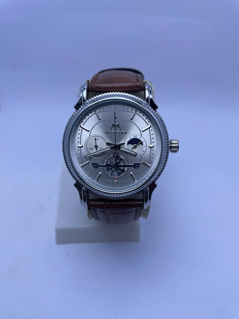 Matturi Men's Luxury Analog Watch – Silver Dial, Brown Leather Strap & Silver Stainless Steel Case