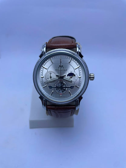 Matturi Men's Luxury Analog Watch – Silver Dial, Brown Leather Strap & Silver Stainless Steel Case