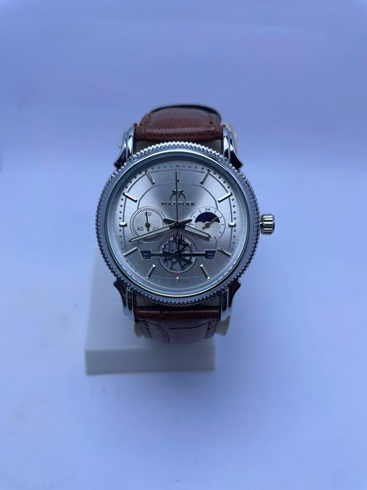 Matturi Men's Luxury Analog Watch – Silver Dial, Brown Leather Strap & Silver Stainless Steel Case