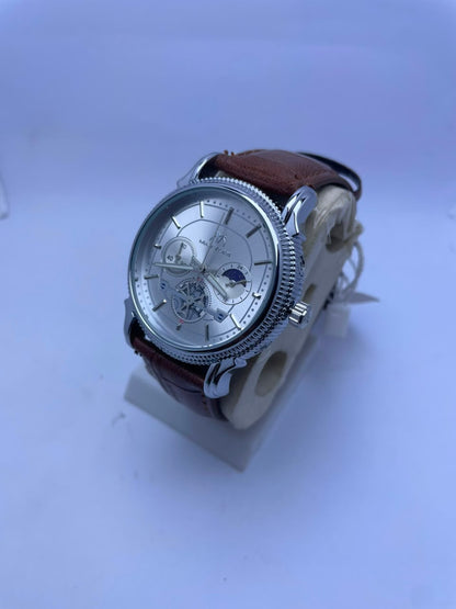Matturi Men's Luxury Analog Watch – Silver Dial, Brown Leather Strap & Silver Stainless Steel Case