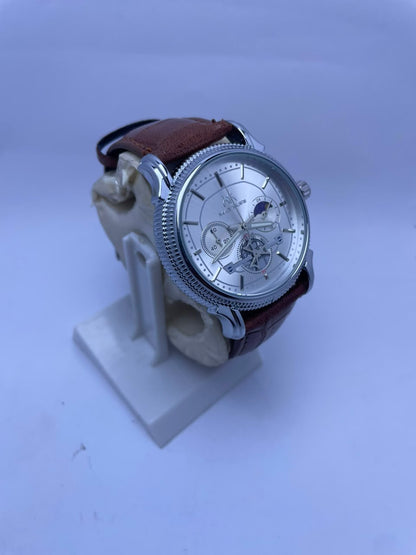 Matturi Men's Luxury Analog Watch – Silver Dial, Brown Leather Strap & Silver Stainless Steel Case