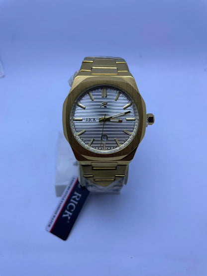 RICK Luxury Gold Stainless Steel Quartz Watch – White Dial | Premium Men's Wrist Watch