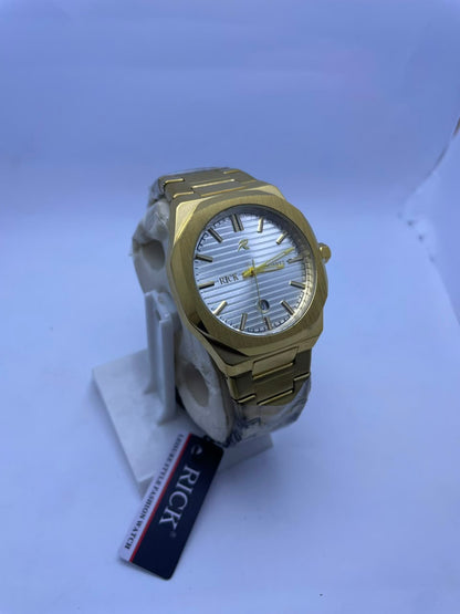 RICK Luxury Gold Stainless Steel Quartz Watch – White Dial | Premium Men's Wrist Watch