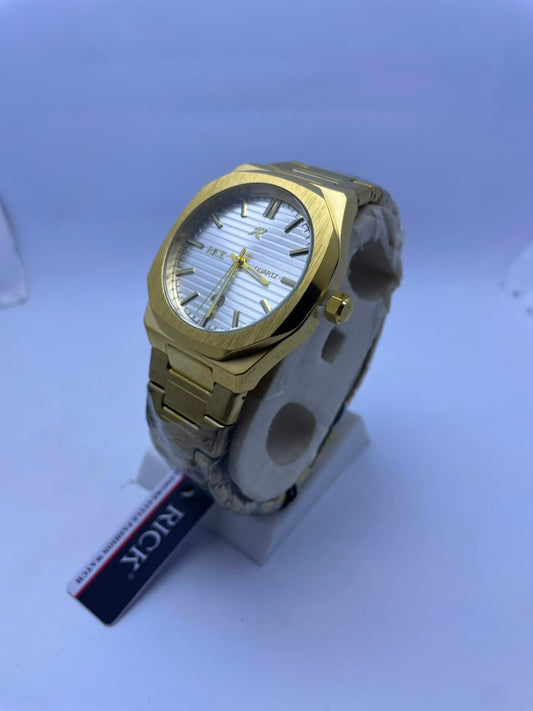 RICK Luxury Gold Stainless Steel Quartz Watch – White Dial | Premium Men's Wrist Watch