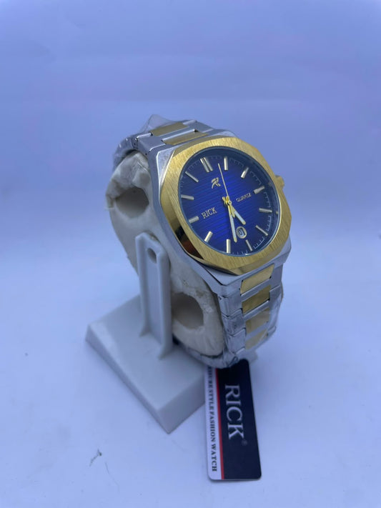 RICK Luxury Two-Tone Gold & Silver Stainless Steel Quartz Watch – Blue Dial | Men's Premium Wrist Watch