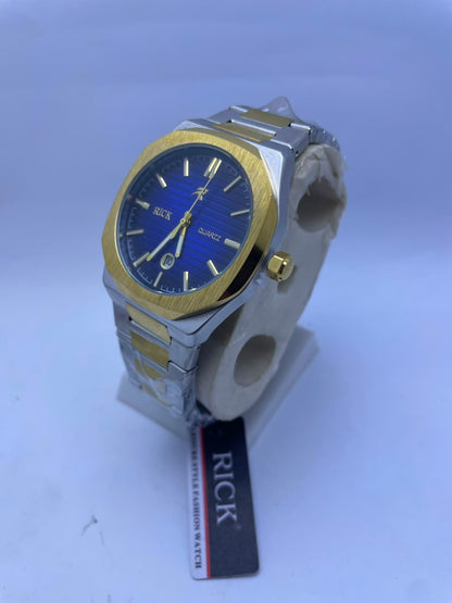 RICK Luxury Two-Tone Gold & Silver Stainless Steel Quartz Watch – Blue Dial | Men's Premium Wrist Watch