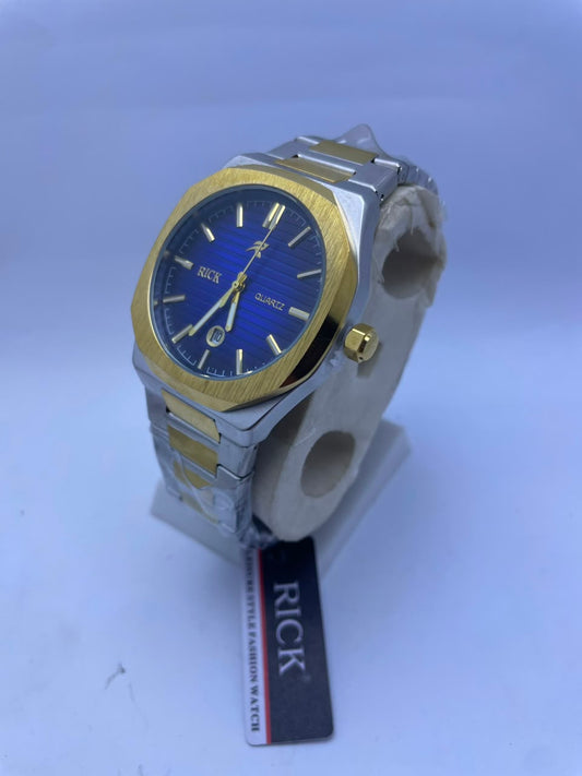 RICK Luxury Two-Tone Gold & Silver Stainless Steel Quartz Watch – Blue Dial | Men's Premium Wrist Watch