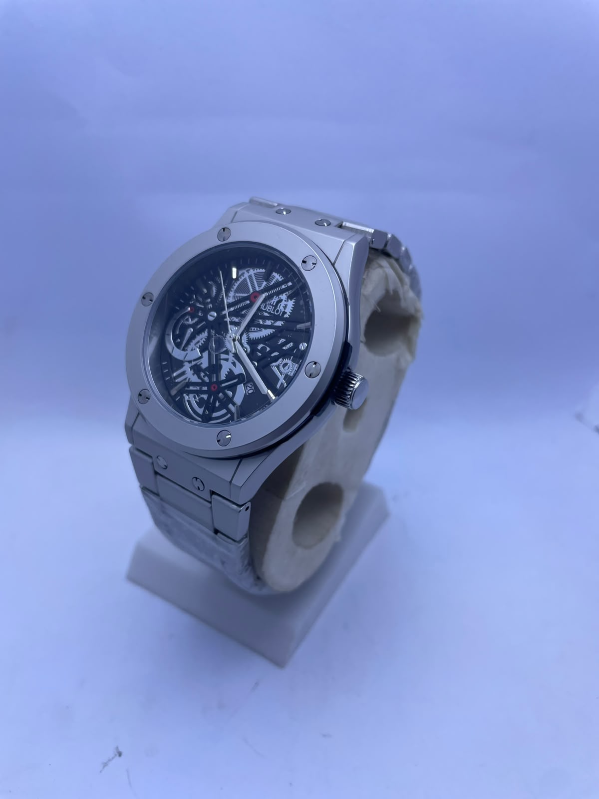 Hublot Style Automatic Skeleton Men's Watch – Silver Stainless Steel Strap | Luxury Self-Winding Mechanical Wrist Watch