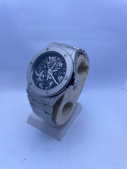 Hublot Style Automatic Skeleton Men's Watch – Silver Stainless Steel Strap | Luxury Self-Winding Mechanical Wrist Watch