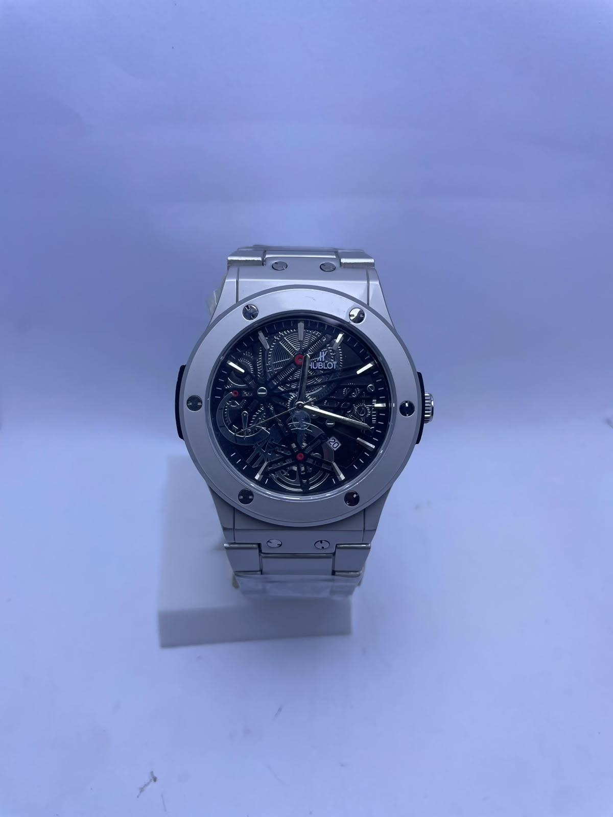Hublot Style Automatic Skeleton Men's Watch – Silver Stainless Steel Strap | Luxury Self-Winding Mechanical Wrist Watch
