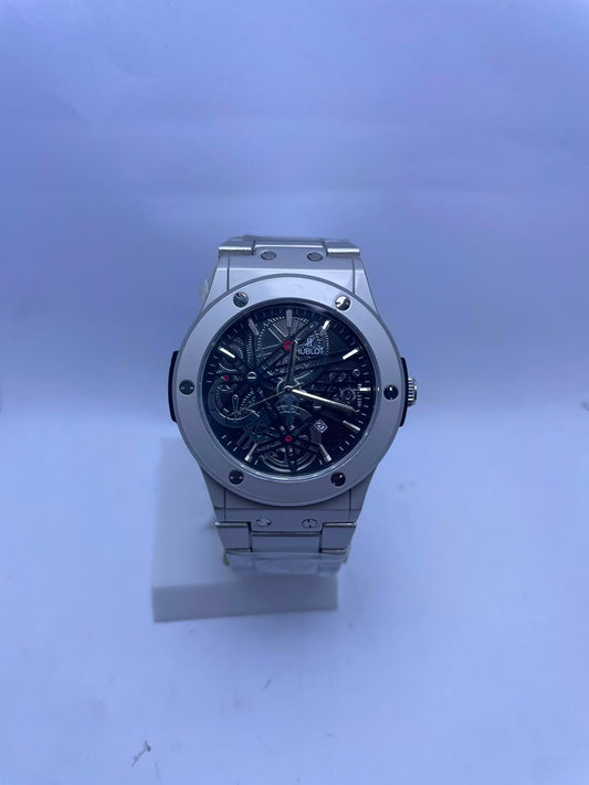 Hublot Style Automatic Skeleton Men's Watch – Silver Stainless Steel Strap | Luxury Self-Winding Mechanical Wrist Watch