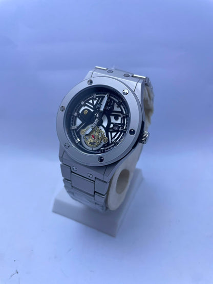 Hublot Style Automatic Skeleton Dial Men's Watch – Silver Stainless Steel Strap | Luxury Mechanical Wrist Watch