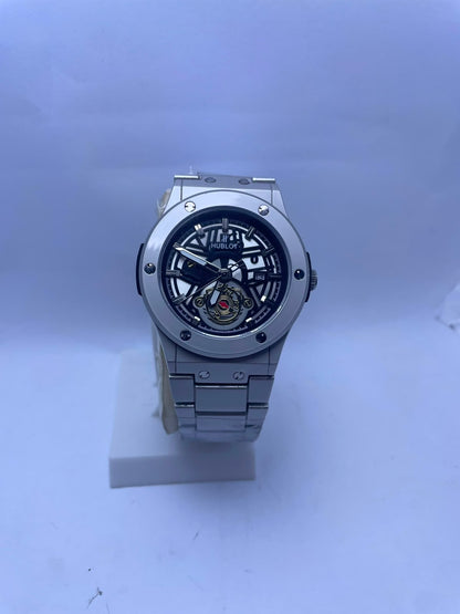 Hublot Style Automatic Skeleton Dial Men's Watch – Silver Stainless Steel Strap | Luxury Mechanical Wrist Watch