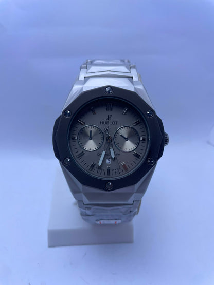 Hublot Style Chronograph Men's Watch – White Dial, Silver Stainless Steel Strap | Luxury Analog Wrist Watch with Luminous Night Vision