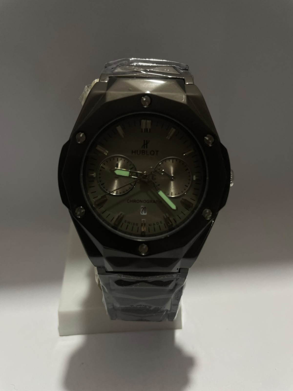 Hublot Style Chronograph Men's Watch – White Dial, Silver Stainless Steel Strap | Luxury Analog Wrist Watch with Luminous Night Vision