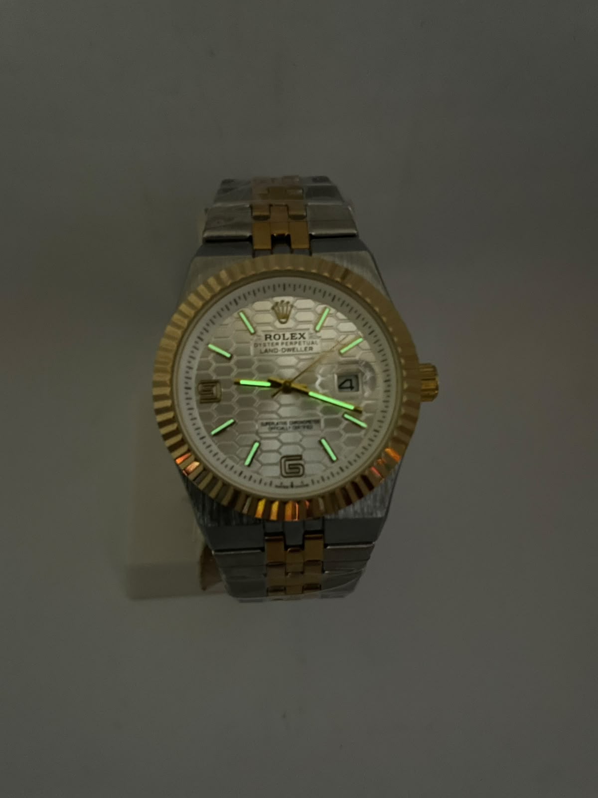 Rolex Land-Dweller Automatic Men's Watch – White Honeycomb Dial | Two-Tone Silver & Gold Stainless Steel | Night Vision | Date Display