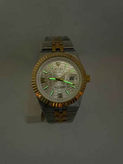 Rolex Land-Dweller Automatic Men's Watch – White Honeycomb Dial | Two-Tone Silver & Gold Stainless Steel | Night Vision | Date Display