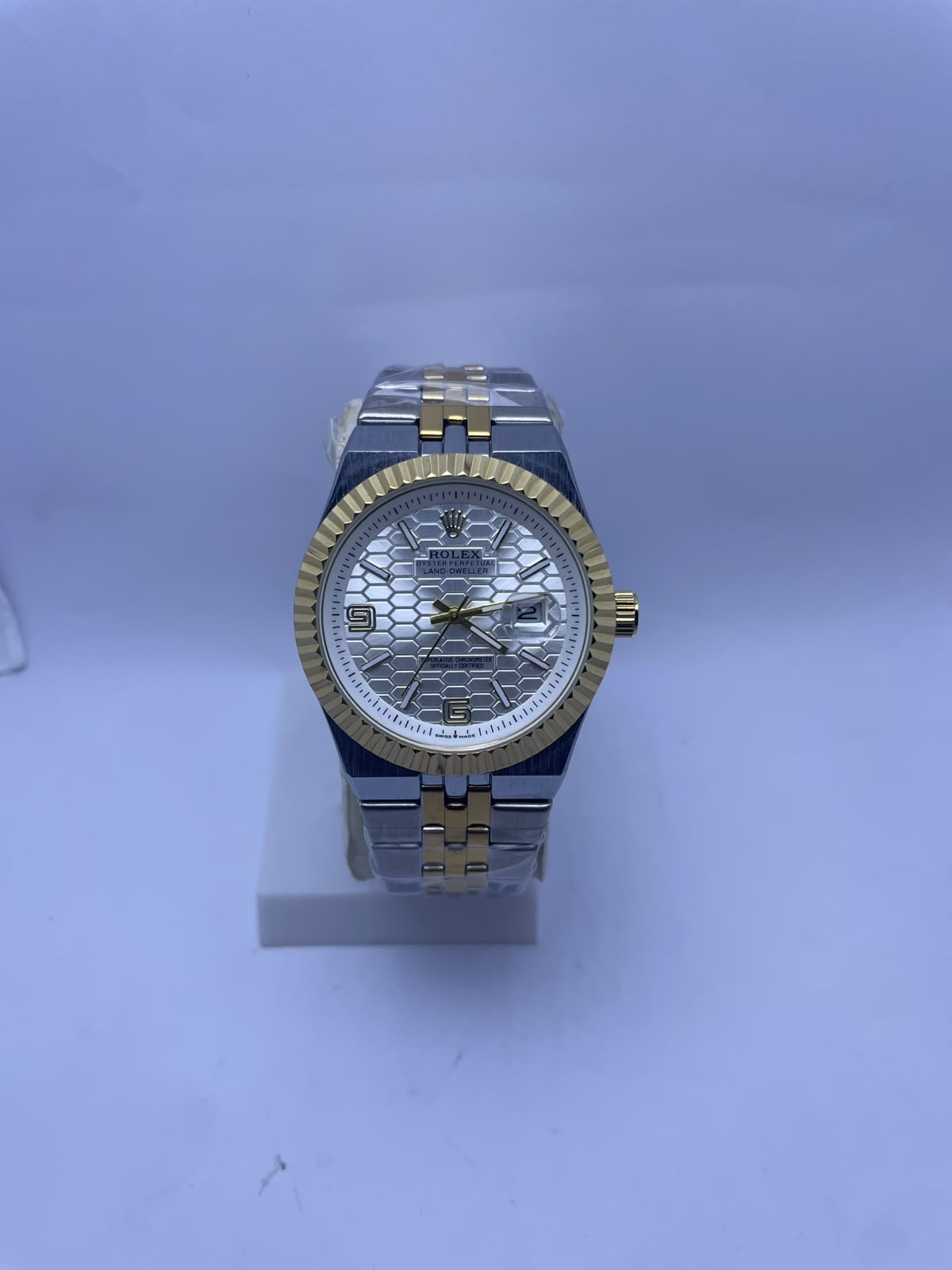 Rolex Land-Dweller Automatic Men's Watch – White Honeycomb Dial | Two-Tone Silver & Gold Stainless Steel | Night Vision | Date Display