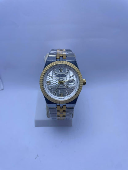 Rolex Land-Dweller Automatic Men's Watch – White Honeycomb Dial | Two-Tone Silver & Gold Stainless Steel | Night Vision | Date Display