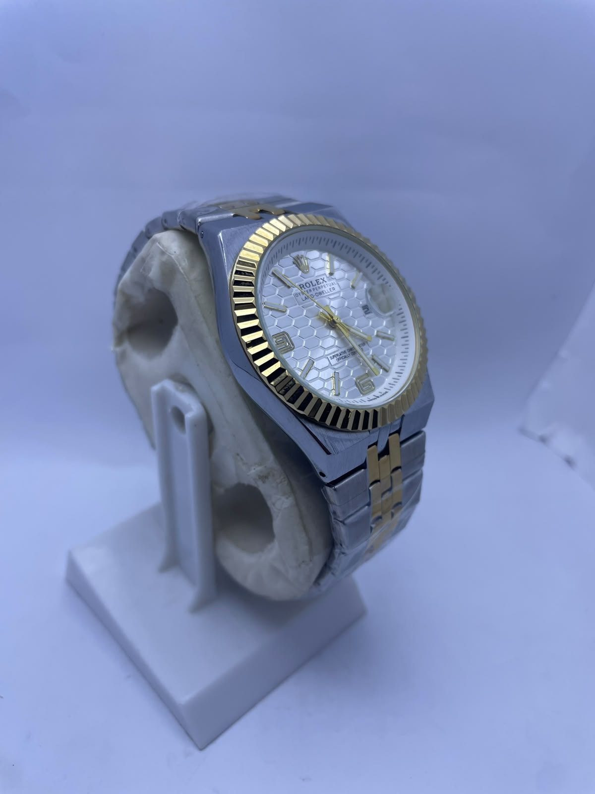 Rolex Land-Dweller Automatic Men's Watch – White Honeycomb Dial | Two-Tone Silver & Gold Stainless Steel | Night Vision | Date Display
