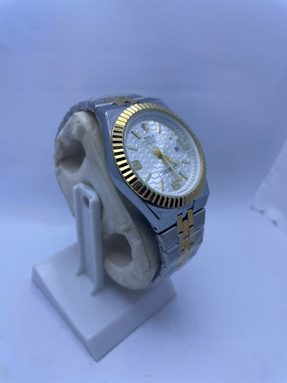 Rolex Land-Dweller Automatic Men's Watch – White Honeycomb Dial | Two-Tone Silver & Gold Stainless Steel | Night Vision | Date Display