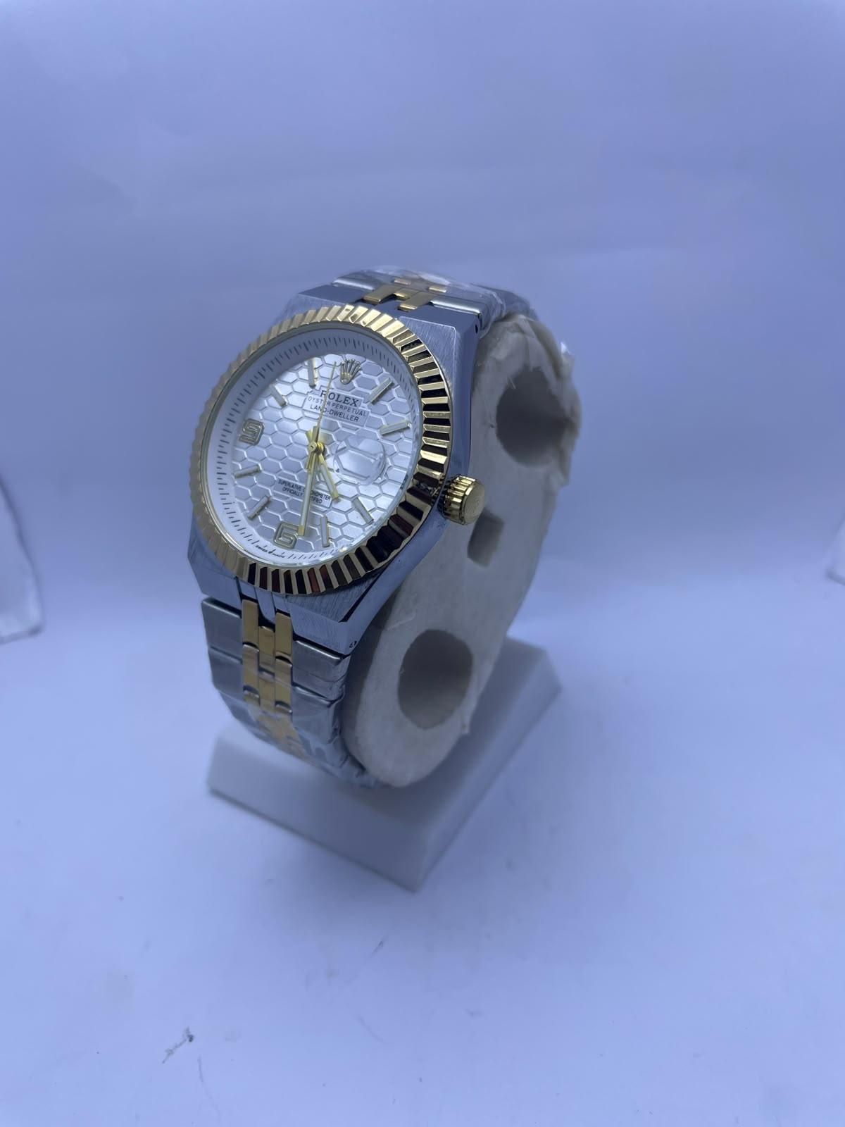 Rolex Land-Dweller Automatic Men's Watch – White Honeycomb Dial | Two-Tone Silver & Gold Stainless Steel | Night Vision | Date Display