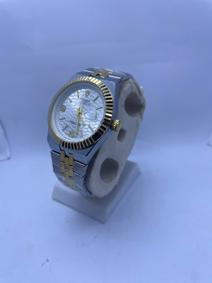 Rolex Land-Dweller Automatic Men's Watch – White Honeycomb Dial | Two-Tone Silver & Gold Stainless Steel | Night Vision | Date Display