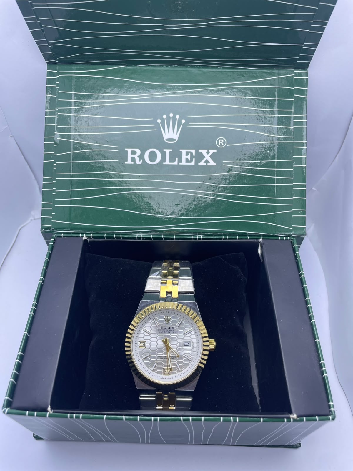Rolex Land-Dweller Automatic Men's Watch – White Honeycomb Dial | Two-Tone Silver & Gold Stainless Steel | Night Vision | Date Display