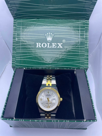 Rolex Land-Dweller Automatic Men's Watch – White Honeycomb Dial | Two-Tone Silver & Gold Stainless Steel | Night Vision | Date Display