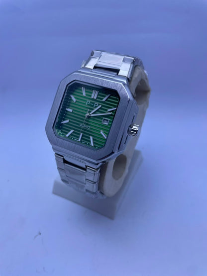 P&P Men's Quartz Analog Watch –Silver Stainless Steel Strap & Date Display