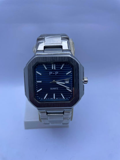 P&P Men's Quartz Analog Watch –Silver Stainless Steel Strap & Date Display